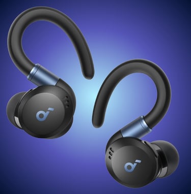 Soundcore Bluetooth wireless earbuds and portable speaker in sleek black design.