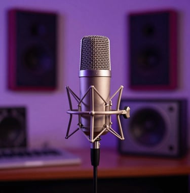 Un micrófono de estudio clásico sobre un soporte, con un fondo desenfocado de luces de estudio en color purpura y rosa. Composición artística que transmite profundidad emocional y calidad sonora en un entorno venezolano.