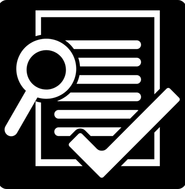 White document icon with a magnifying glass and checkmark on a black background for audit and verification.