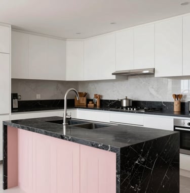 Detailed shot of a high-end kitchen renovation in a Latin American residence, featuring black marble countertops, soft pink decorative accents, and minimalist white cabinetry, bright and clean natural lighting, professional interior photography.