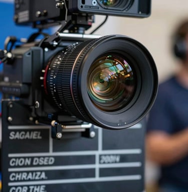 A close-up of a high-end cinema camera lens reflecting the lights of a busy North American film set, shallow depth of field, sophisticated slate blue and deep black tones, cinematic lighting.