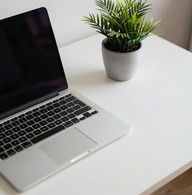 Detail shot of a minimalist workstation with a sleek laptop and a small potted tropical plant on an off-white desk, clean lines, professional atmosphere, Brazilian creative environment.