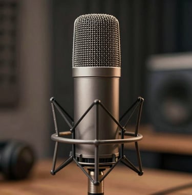 A close-up of a high-end microphone in a professional studio setting, reflecting soft warm light. The aesthetic is premium and artistic, using #0A0A0A and #8D765D tones.