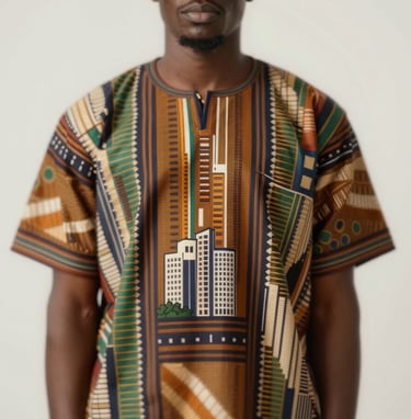 An abstract shot of a traditional Nigerian textile pattern blended with modern urban architecture, representing the Nigerian-American fusion, featuring #3D2C20 and #F5F5EB.