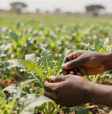 Close-up of hands examining green crop leaves in a sunlit sustainable farm in West Africa, warm natural daylight, professional 35mm