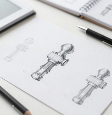 A close-up, high-detail shot of professional design tools and sketches on a clean surface. The composition is artistic and minimalist, using soft lighting and a palette of #778DA9 and #E0E1DD.