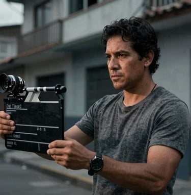 A man acting on a film set in a South American / Colombian urban location. Dramatic lighting, dark slate grey tones, cinematic composition.