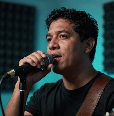 A close-up of a musician performing with a microphone in a South American / Colombian music studio. The lighting is cinematic with neon cyan highlights and midnight black shadows.