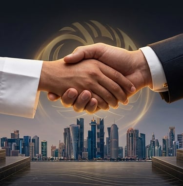 Professional handshake between business partners over the Doha Qatar skyline and golden logo.