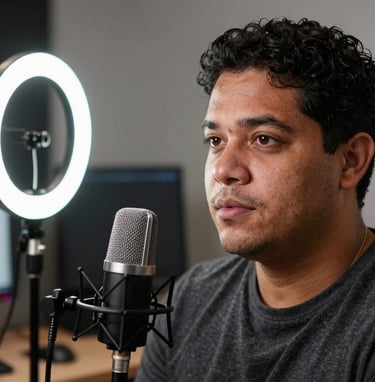 Action shot of a South American / Brazilian man in a professional YouTube studio setting, ring light reflection in his eyes, high-tech microphones and monitors in the blurred background, professional and engaging atmosphere.