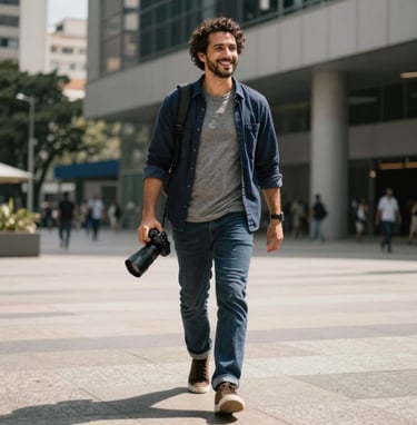 A South American / Brazilian man walking through a modern urban plaza in São Paulo, smiling charismatically, carrying a professional digital camera, stylish casual attire in navy and gray tones, natural sunlight photography.