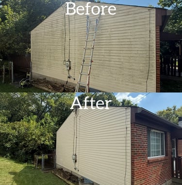 Before and after professional soft wash vinyl siding cleaning on a residential home.