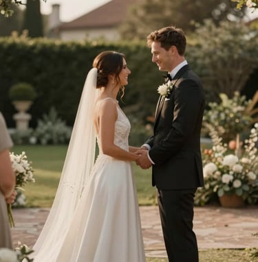 A candid, elegant shot of a couple during a wedding ceremony in a North American / European garden. The lighting is golden and soft, with the bride's dress appearing in pure off-white against earthy taupe surroundings.