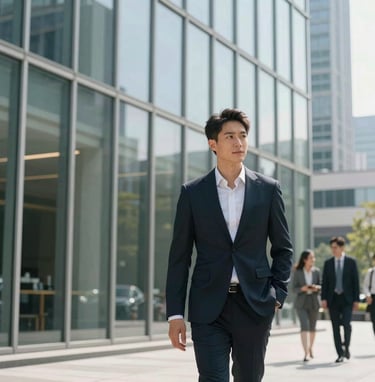 Candid lifestyle photography in a modern glass building, natural daylight, professional figures in the background, elegant and clean aesthetic, International / Professional style.