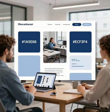 Interior of the Dbocaenbocast office showing a creative planning session. A wooden table with mood boards and a tablet displaying casting profiles. Scandinavian furniture, clean lines, and a professional atmosphere incorporating brand colors #1A5E63 and #ECF3F4.