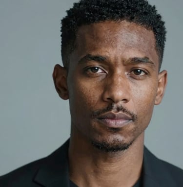 Close-up portrait of a diverse and authentic actor looking confidently at the lens. High-fashion lighting, soft shadows, and a sophisticated vibe that reflects the agency's artistic elegance. Hints of #74A8AE in the background lighting.