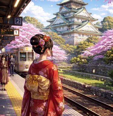 Imagen estilo anime, donde esta en una estacion de tren en Japón, de fondo hay un castillo japones.