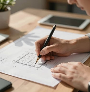 A candid, warm-toned close-up of an architectural technician's hands sketching on a blueprint. The desk is bathed in sun-drenched light with a soft shadow of a nearby plant, using a palette of #F9F6EE and #8D6B5F.