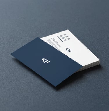 A high-end business card mockup resting on a textured dark gray-blue surface (#4A5763). Sophisticated side-lighting creates sharp, professional shadows. The design on the card is minimalist and strategic, reflecting brand identity expertise.