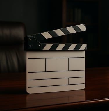 A professional film slate resting on a mahogany desk in a dimly lit studio office, cinematic lighting casting soft shadows, North American / International executive setting.