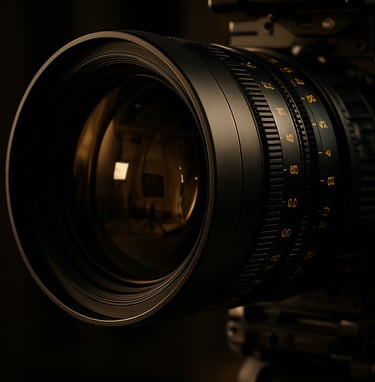 A close-up of a high-end cinematic lens on a camera, reflecting a professional studio setup with rich black and muted gold tones, North American / International production style.