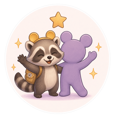 Cute raccoon wearing a backpack and bear ears hugging a purple teddy bear friend with golden stars.