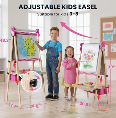 Two young children using an adjustable wooden kids easel with whiteboards and paper rolls for drawing.