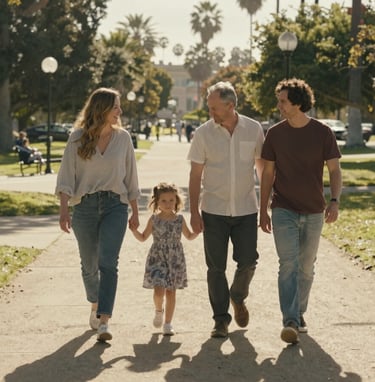 A cinematic lifestyle shot of a family walking through a sun-filled park in California. The scene is authentic and unposed, captured with a warm, sun-drenched glow and soft sand tones.