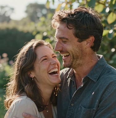 A candid, close-up photograph of a couple laughing together in a sun-drenched garden in the North American Midwest. The lighting is warm and cinematic, highlighting genuine emotion and storytelling.