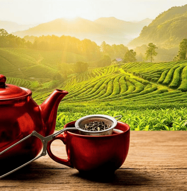 théière et tasse de thé devant paysage de montagnes et champs de thé