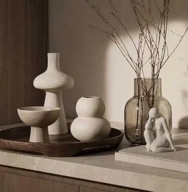 Contemporary Kitchen Décor Still Life – Sculptural Ceramics, Glass Vase & Minimal Styling