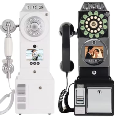 Payphone-style audio guestbook phones in black and white with digital screens for wedding messages.