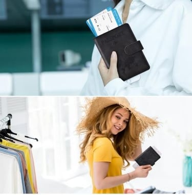 RFID passport wallet with magnetic closure, card slots, and PU leather.