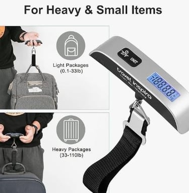 Digital hanging luggage scale for preventing overweight baggage fees.
