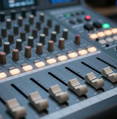 Detail shot of a professional audio mixing console with illuminated buttons and faders in soft slate blue and off-white light. The setting is a high-end Spanish post-production suite, emphasizing technical precision and artistic quality.