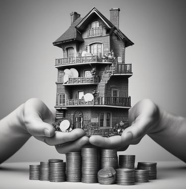 Manos sosteniendo una casa y monedas, ilustrando la asesoría en inversiones y patrimonio.