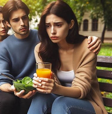 a man and woman sitting on a bench in a park