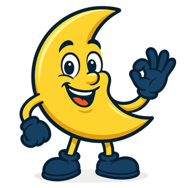 Un personnage de dessin animé en forme de lune jaune souriante levant la main dans un signe OK porta