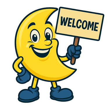 Un personnage de dessin animé de lune jaune tenant un panneau de bienvenue avec un sourire de bienve