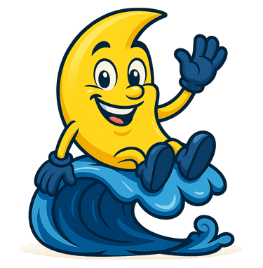 Personnage de dessin animé souriant représentant une lune jaune assise sur une vague bleue dans une