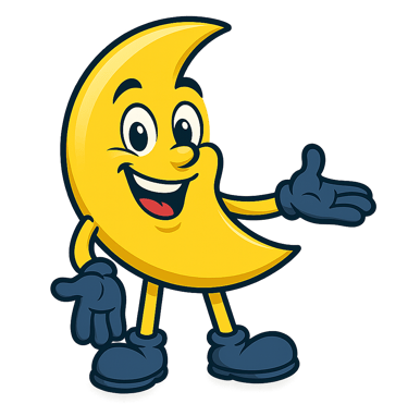 Un personnage de dessin animé souriant représentant une lune jaune pointe avec sa main droite dans u
