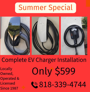 A $599 summer special for professional EV charger installation services featuring Tesla and ChargePoint home stations.