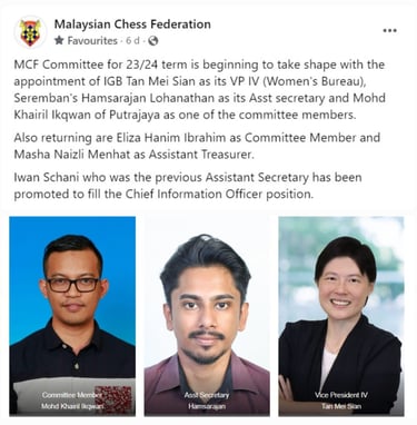 Malaysian Chess Federation Committee 23/24. IGB Tan Mei Sian. 