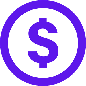 A purple dollar sign currency icon inside a white circle with a purple border.
