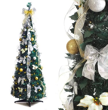 Pre-Decorated & Pre-Lit Snow Flocked, Ready to displaa christmas tree with a white ribbon tied to it