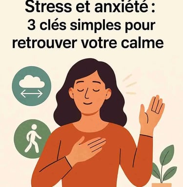Femme yeux fermés, main gauche en l'air en signe de stop et droite sur le coeur en signe de calme 