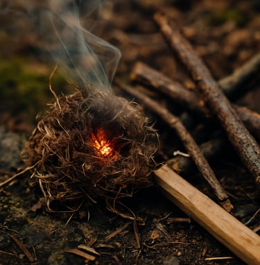 Tinder nest smoldering with smoke during wilderness fire-starting