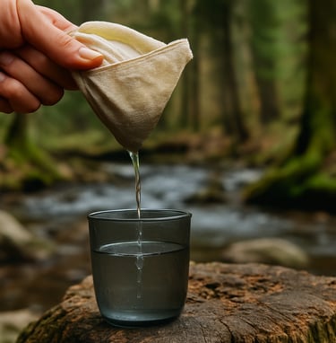 Pouring filtered water into clear cup using cloth in wilderness