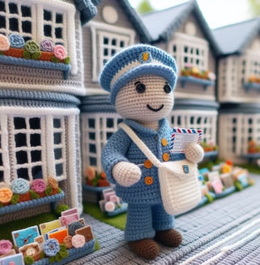 a crochet doll with a mailman in a blue outfit