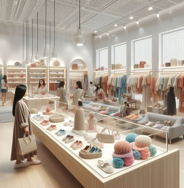 a woman standing in a store with a lot of clothes